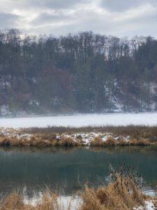 Naturbild im Januar Schneelandschaft hinter einem Fluss mit trübem Licht