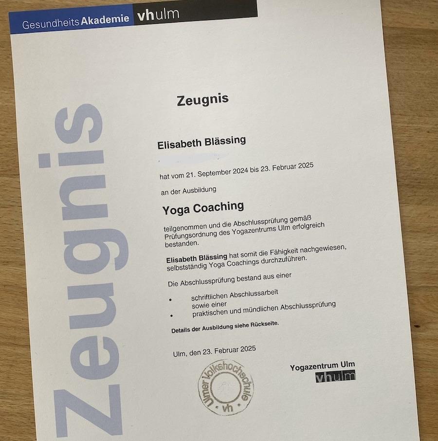 Zertifikat Yoga Coaching Elisabeth Blässing